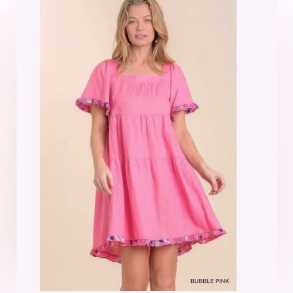 Umgee NWOT Linen Blend Tiered Mixed Media Dress Ruffle Sleeve Size XL - Picture 2 of 9
